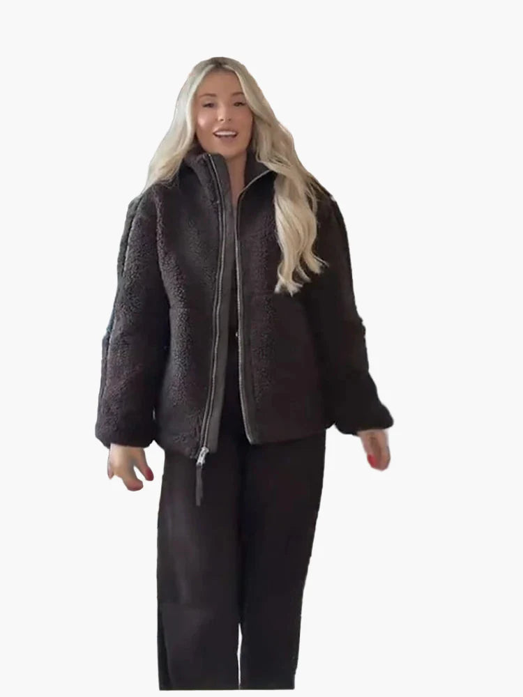 Damen Oversize Teddyjacke mit Reißverschluss – Trendige Winterjacke für Alltag und Freizeit
