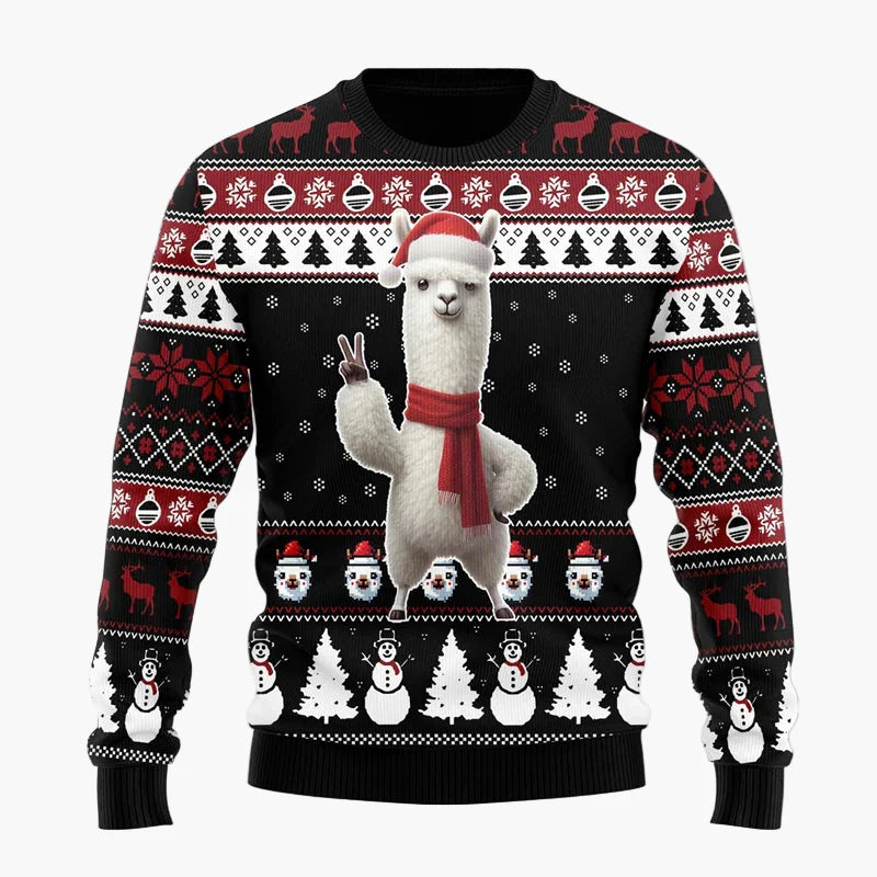 Unisex Weihnachtspullover Lama mit Sonnenbrille Lustiger Ugly Christmas Sweater