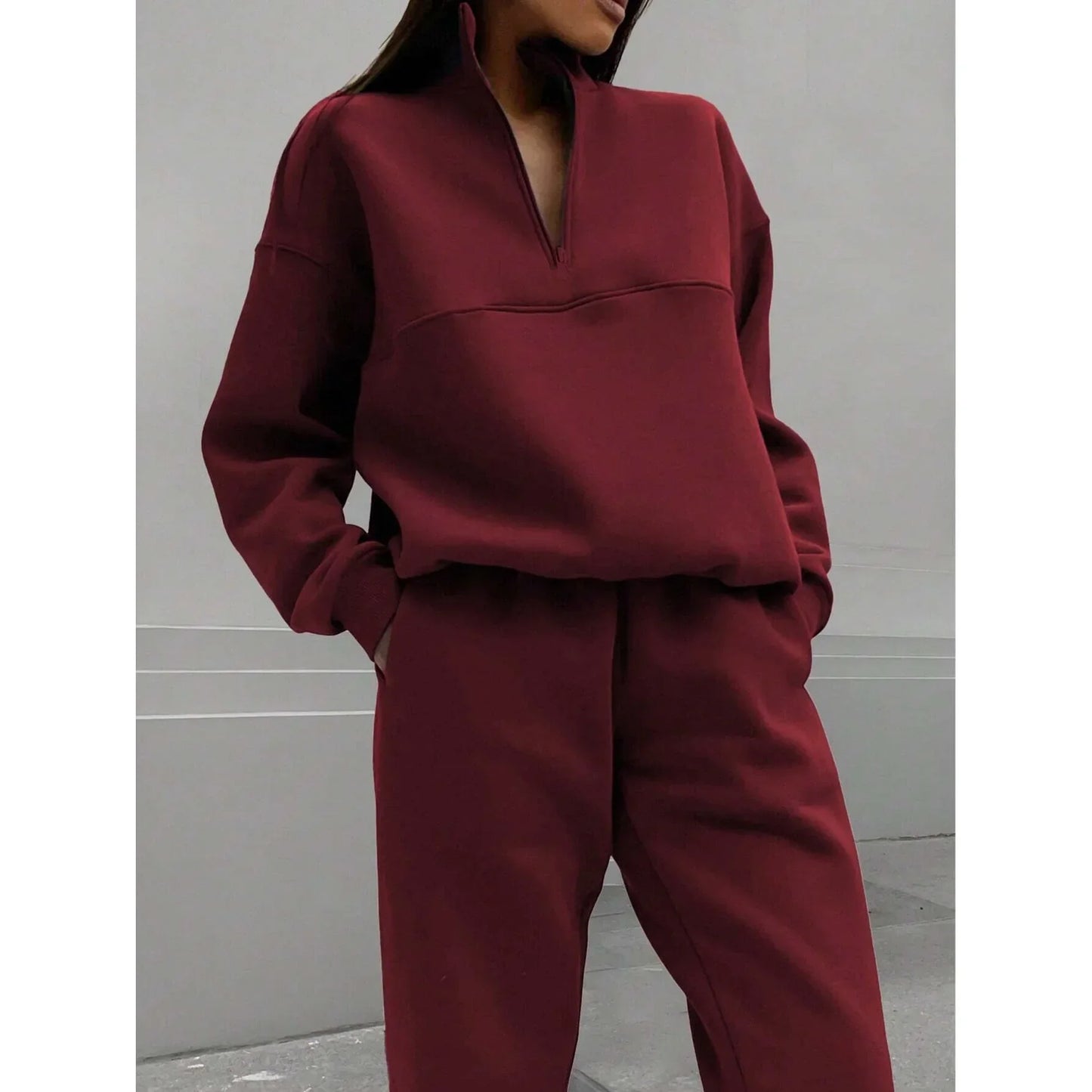 Women's Two-Piece Casual Tracksuit with Stand-Up Collar and Zipper – Casual Set for Everyday and Sports