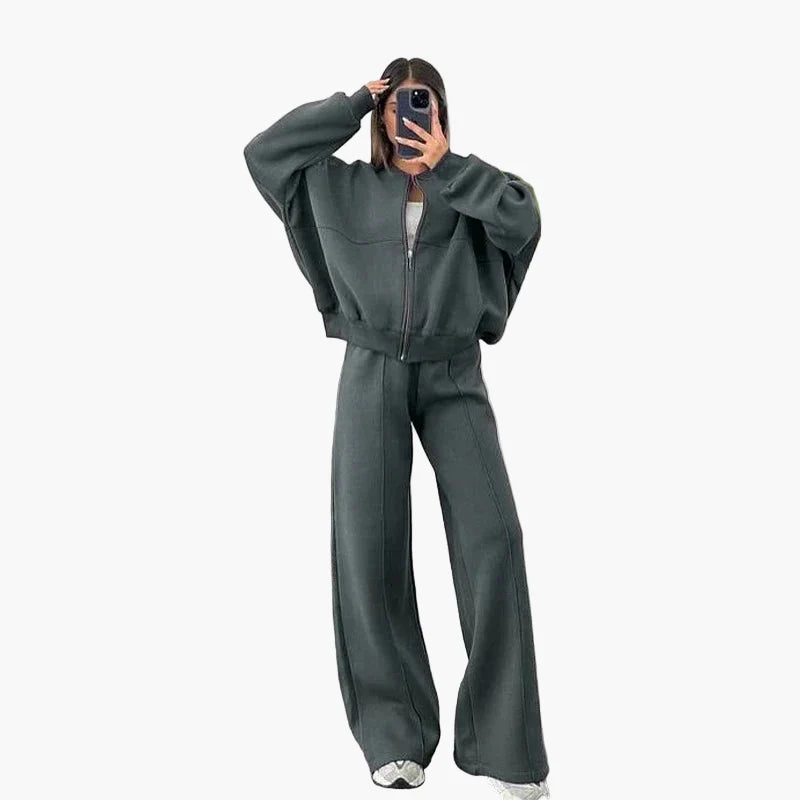 Women's Oversize Casual Suit Two-Piece with Wide Pants and Zipper Jacket – Casual Streetwear Look