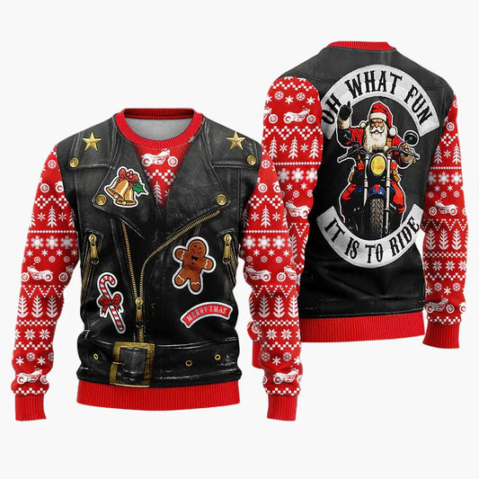 Herren Ugly Christmas Sweater Biker Style – Lustiger Weihnachts-Pullover mit Santa auf Motorrad