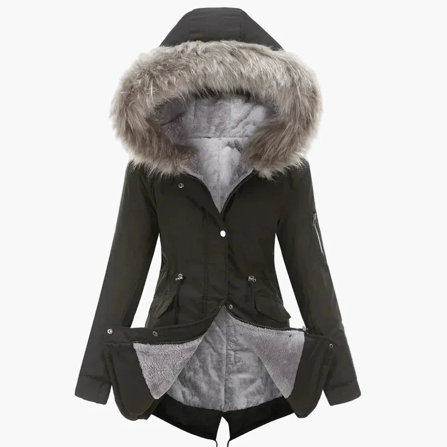 Women's winter parka with hood and faux fur – fashionable outdoor jacket for cold days