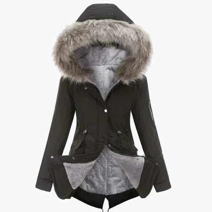 Women's winter parka with hood and faux fur – fashionable outdoor jacket for cold days
