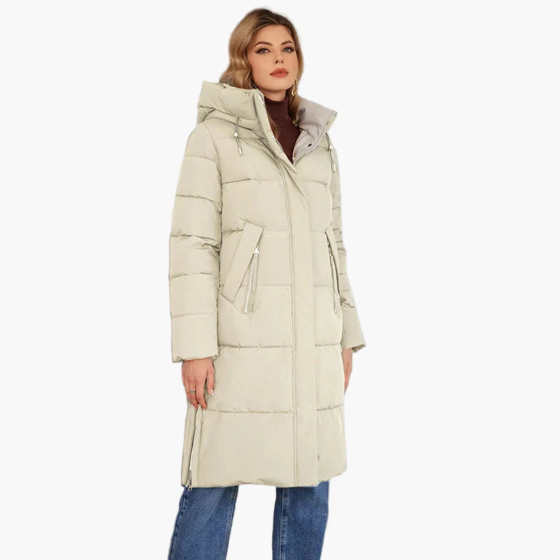 Women's winter quilted coat with hood – long, warm outdoor parka for cold days