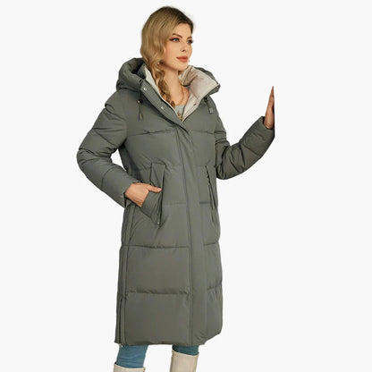 Women's winter quilted coat with hood – long, warm outdoor parka for cold days