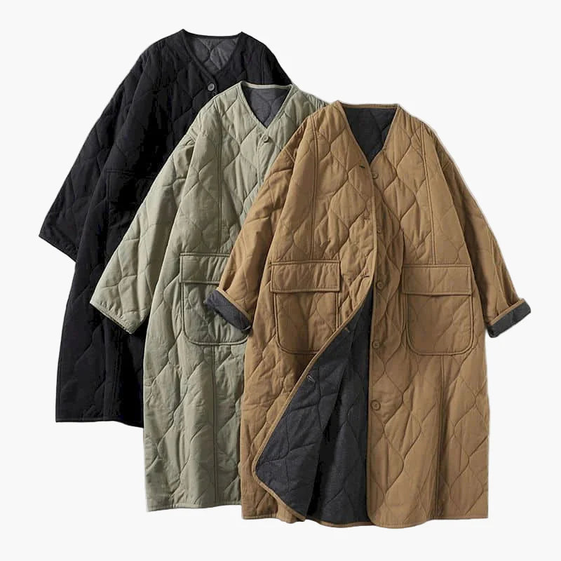 Women's quilted coat oversize, casual long jacket with buttons and pockets – perfect for autumn and winter