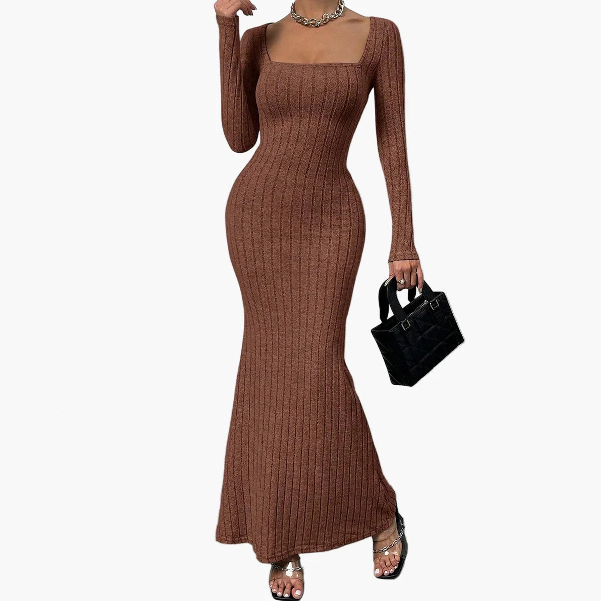 Women's maxi dress with ribbed texture and long sleeve – Elegant, figure-hugging evening dress for stylish occasions