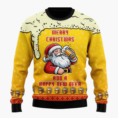 Herren Weihnachtspullover Lustig – Santa mit Bier – Ugly Christmas Sweater für Weihnachtsfeiern