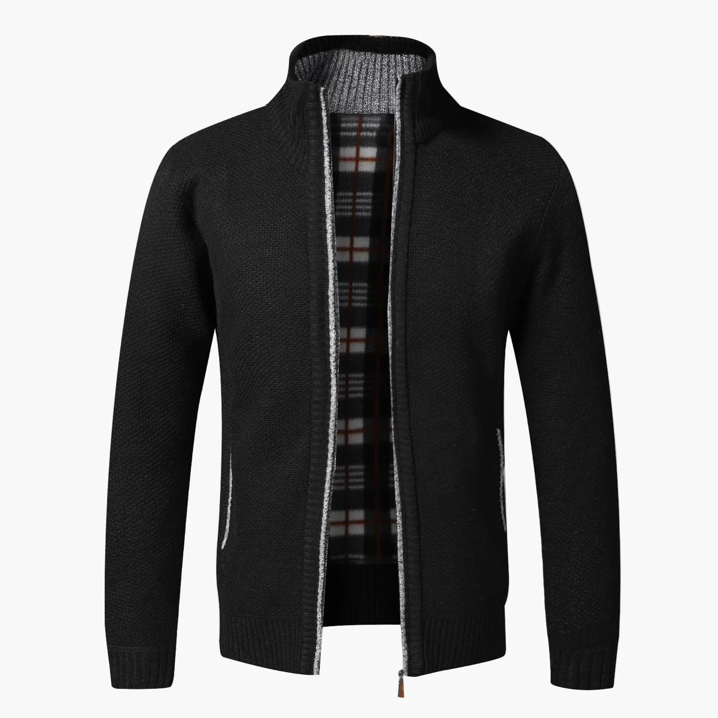 Men's knit cardigan with stand-up collar and checkered lining – fashionable casual jacket