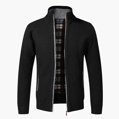 Men's knit cardigan with stand-up collar and checkered lining – fashionable casual jacket