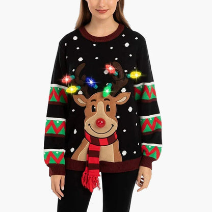 Women's Christmas Sweater with Reindeer and LED Lights – Funny Festive Knit Sweater for Party & Everyday