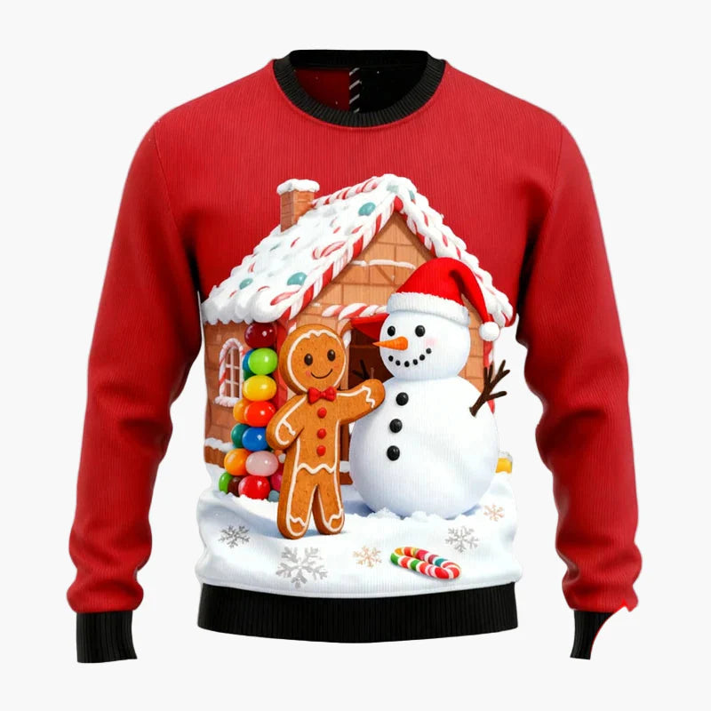 Herren Weihnachtspullover Ugly Christmas Sweater mit Lebkuchenmann, Lebkuchenhaus & Tannenbaum – Lustiger Winterpulli für Weihnachten