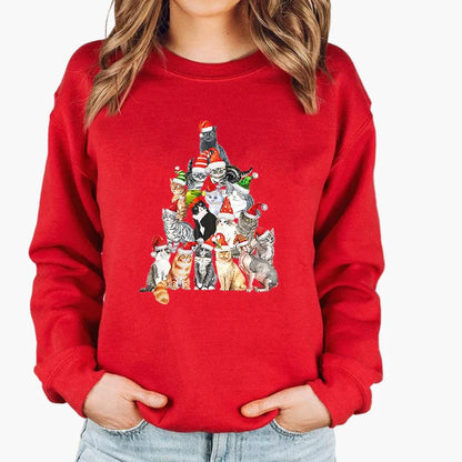 Women's Christmas Sweater with Cat, Christmas Hat and String Lights – Funny Winter Sweater for Women