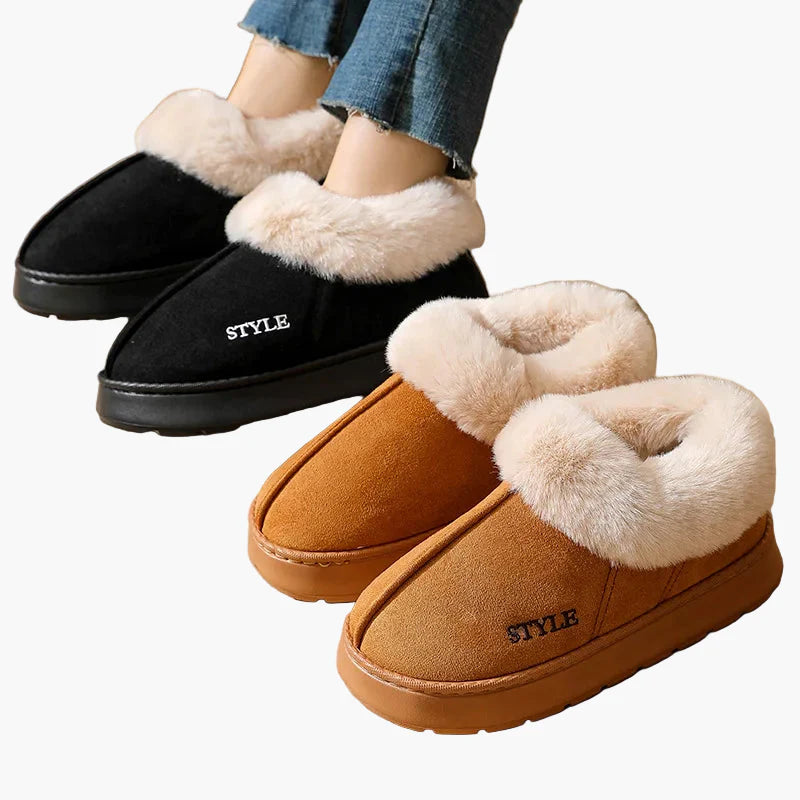 Women's winter slippers with fur collar and non-slip sole – stylish and warm slippers for home