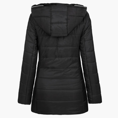 Women's winter jacket with hood and asymmetrical zipper – Fashionable outdoor jacket with fleece lining