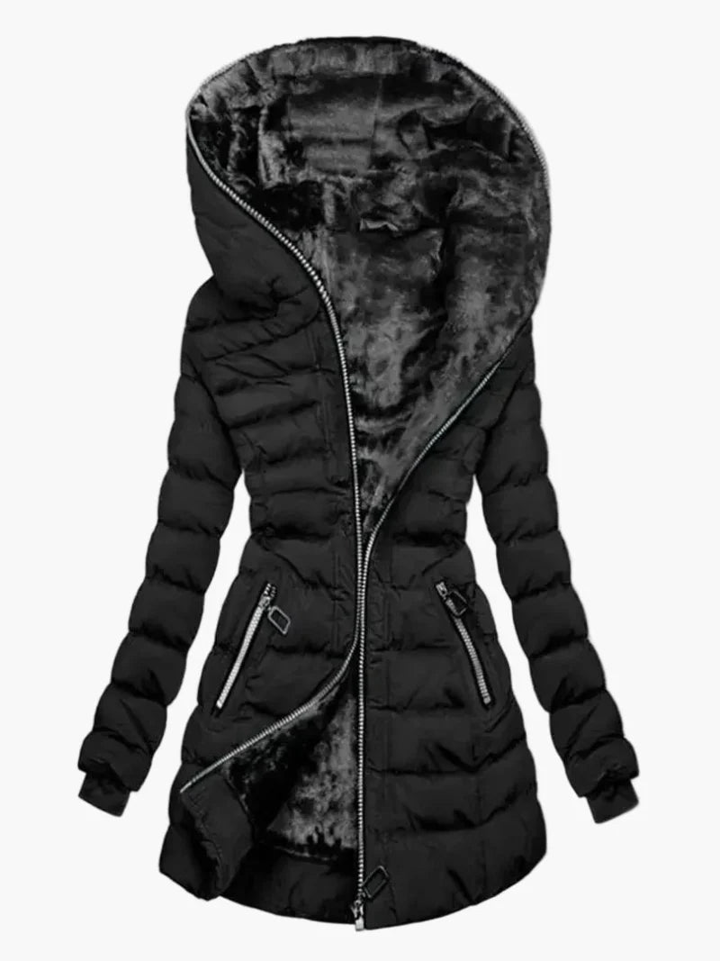 Women's winter jacket with hood and asymmetrical zipper – Fashionable outdoor jacket with fleece lining