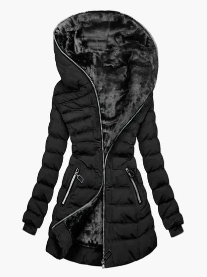 Women's winter jacket with hood and asymmetrical zipper – Fashionable outdoor jacket with fleece lining