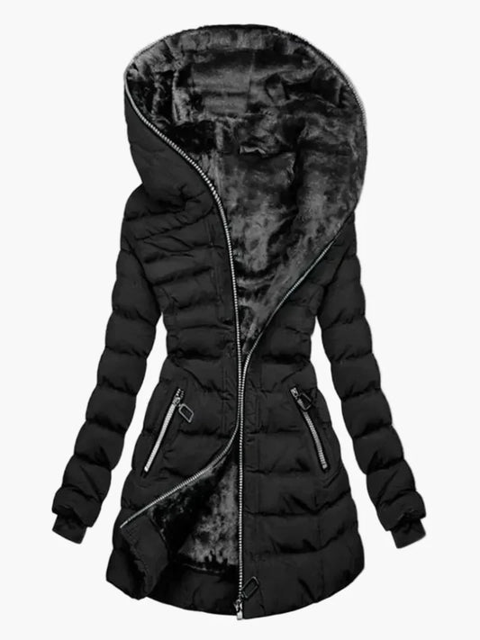Women's winter jacket with hood and asymmetrical zipper – Fashionable outdoor jacket with fleece lining