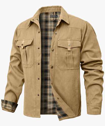 Herren Freizeithemdjacke Frühling Shacket Western Cowboy Stil mit Flanellfutter und Druckknöpfen