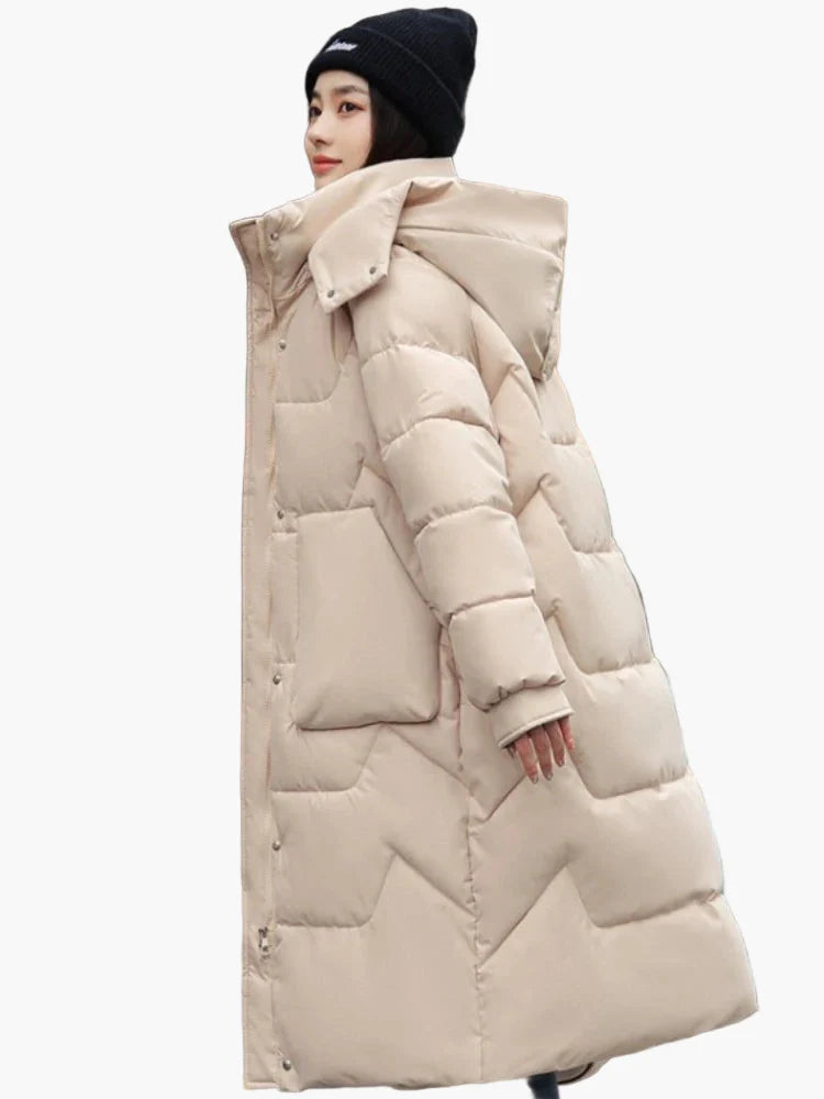 Women's winter quilted coat with hood – long, warm outdoor parka for everyday & leisure