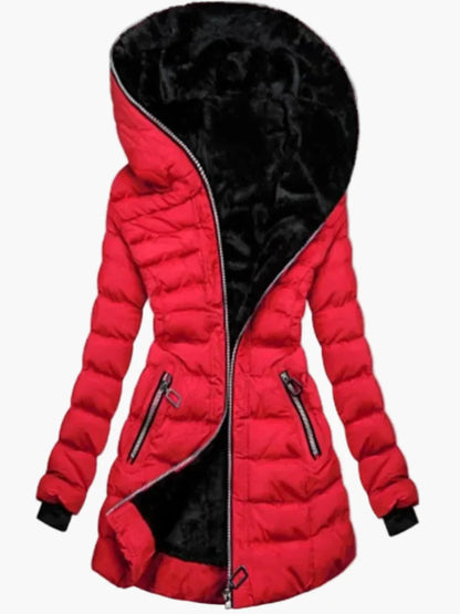 Women's winter jacket with hood and asymmetrical zipper – Fashionable outdoor jacket with fleece lining