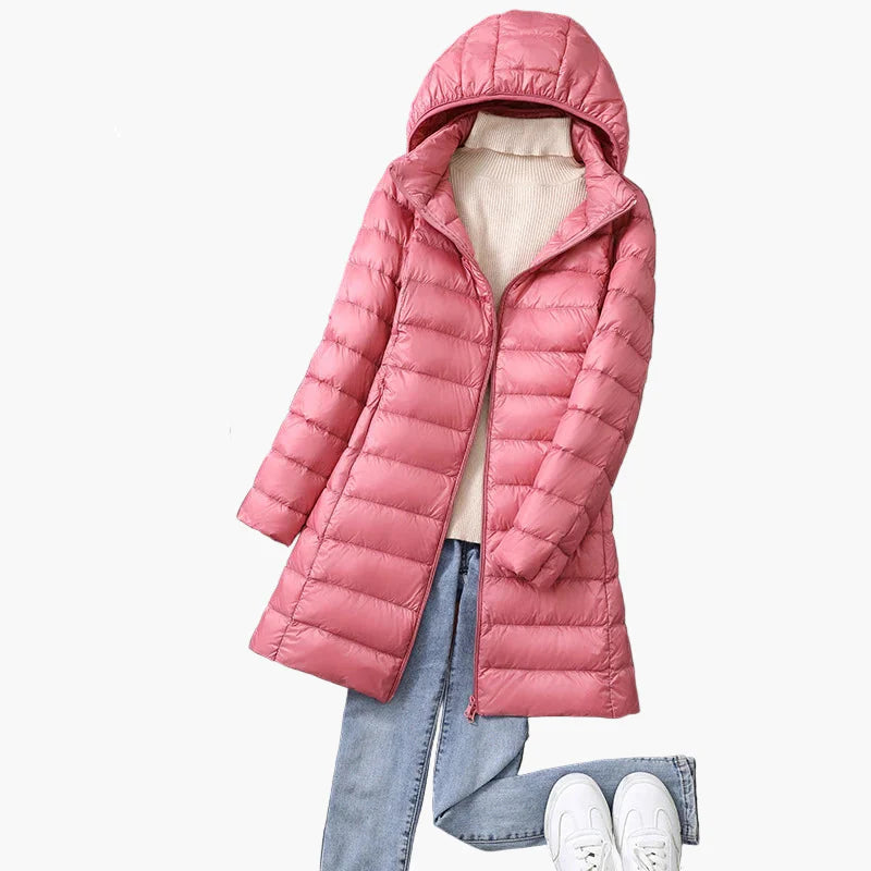 Women's winter quilted coat with hood – fashionable long coat for everyday and outdoor use