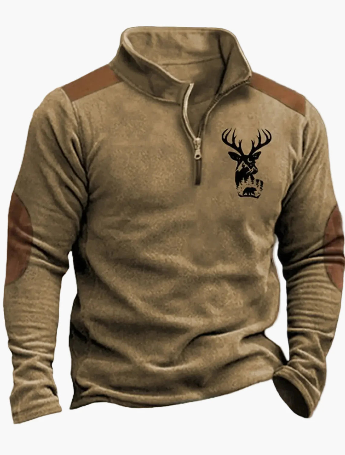 Herren Outdoor Sweatshirt mit Wildtier-Print und Stehkragen – Freizeit & Jagd