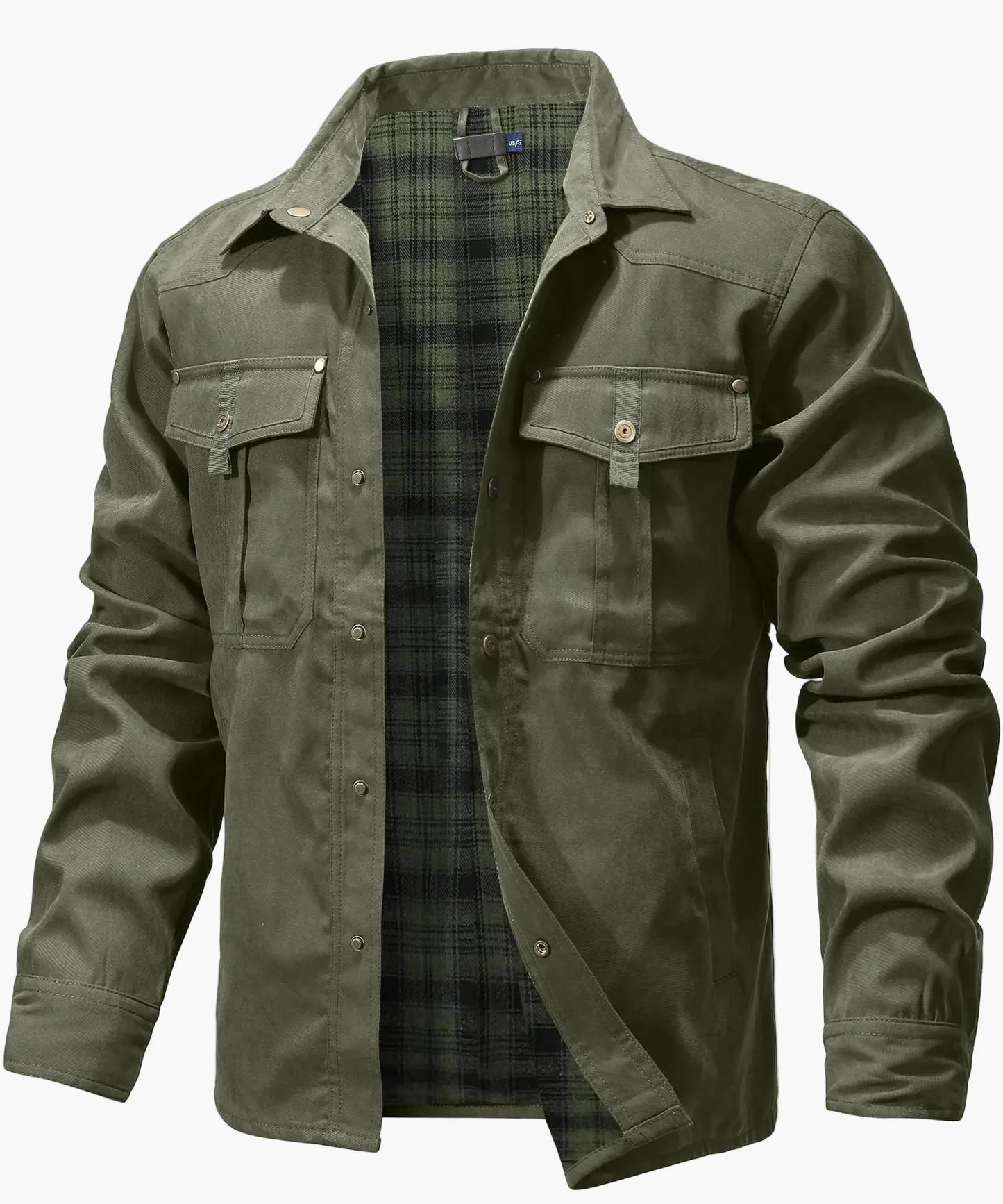 Herren Freizeithemdjacke Frühling Shacket Western Cowboy Stil mit Flanellfutter und Druckknöpfen
