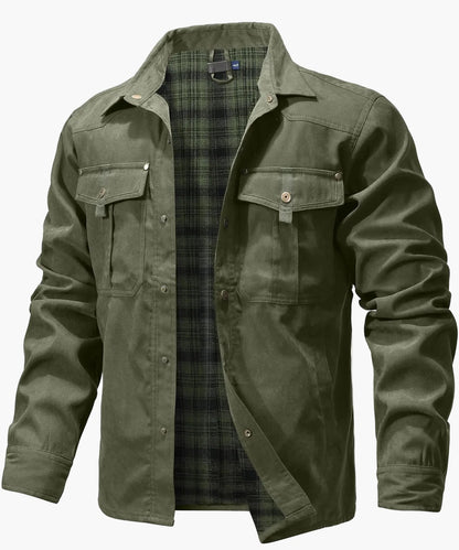 Herren Freizeithemdjacke Frühling Shacket Western Cowboy Stil mit Flanellfutter und Druckknöpfen