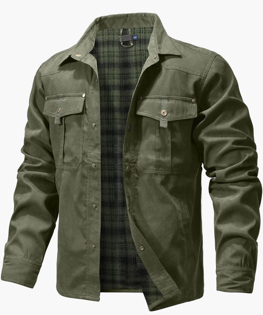 Herren Freizeithemdjacke Frühling Shacket Western Cowboy Stil mit Flanellfutter und Druckknöpfen