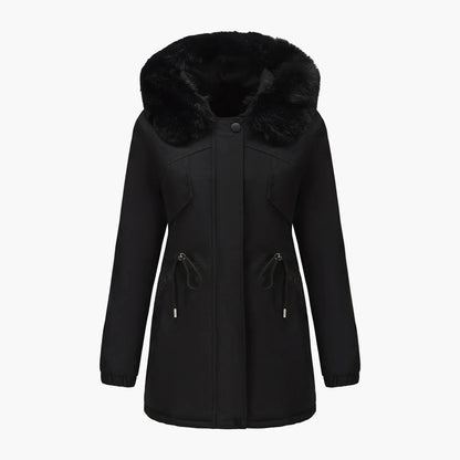 Women's winter jacket with hood and faux fur collar – Elegant parka for cold days
