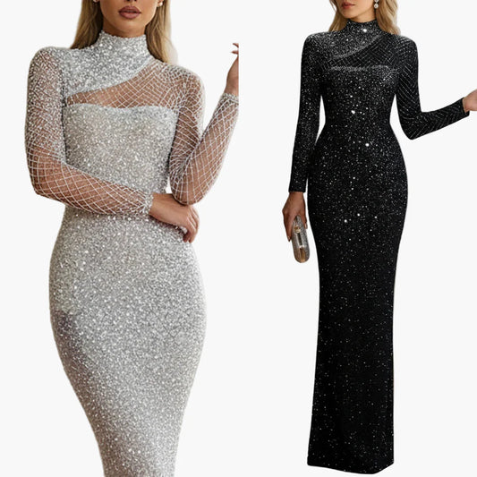 Damen Abendkleid Elegant Glitzer Langarm Bodycon Gala Party