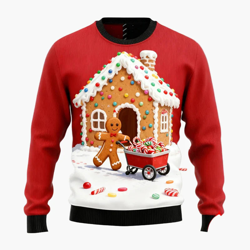 Herren Weihnachtspullover Ugly Christmas Sweater mit Lebkuchenmann, Lebkuchenhaus & Tannenbaum – Lustiger Winterpulli für Weihnachten