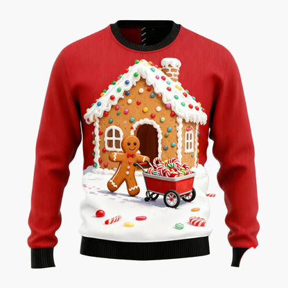 Herren Weihnachtspullover Ugly Christmas Sweater mit Lebkuchenmann, Lebkuchenhaus & Tannenbaum – Lustiger Winterpulli für Weihnachten