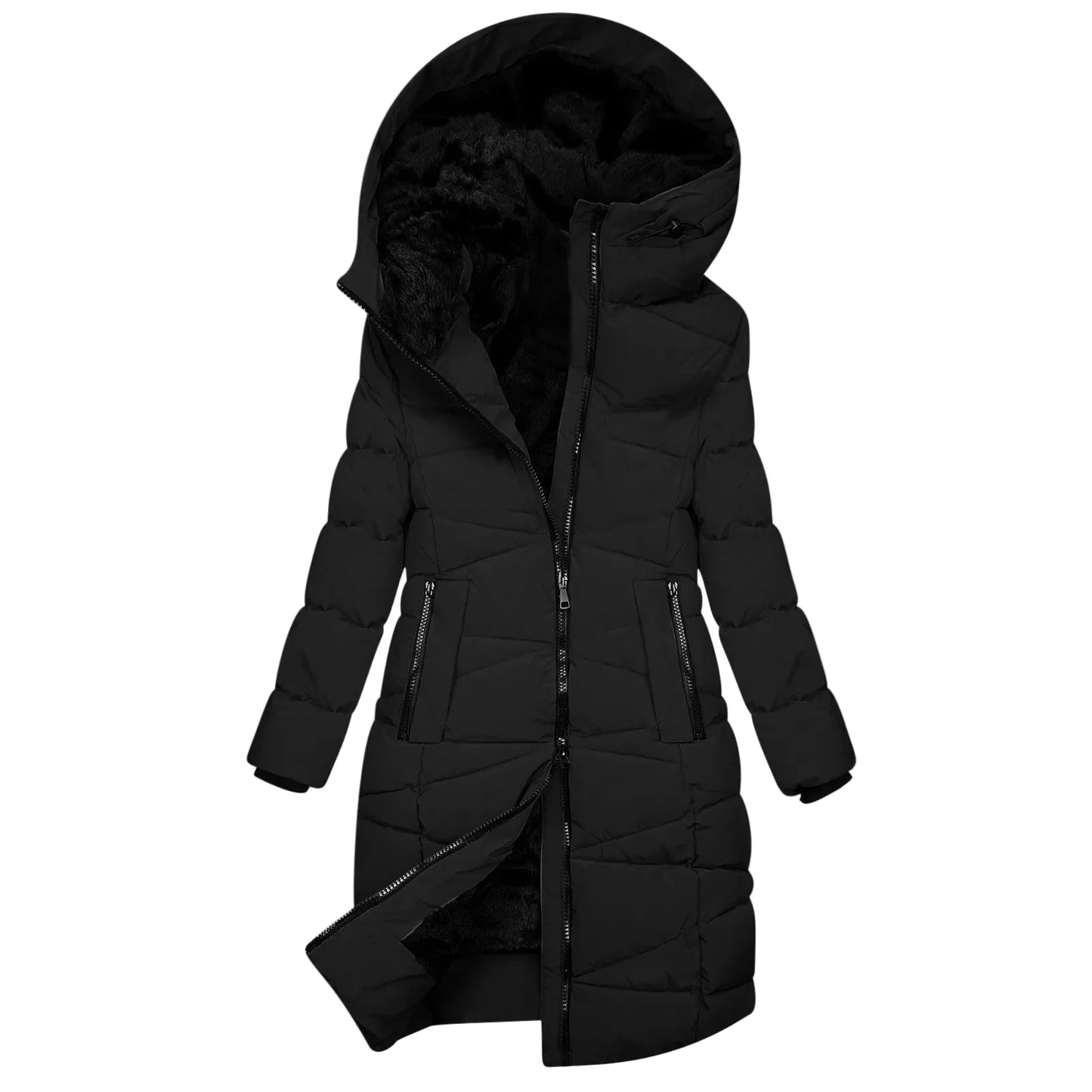 Women's Winter Quilted Long Coat with Hood – Windproof Down Jacket with Zipper, Fashionable & Warm