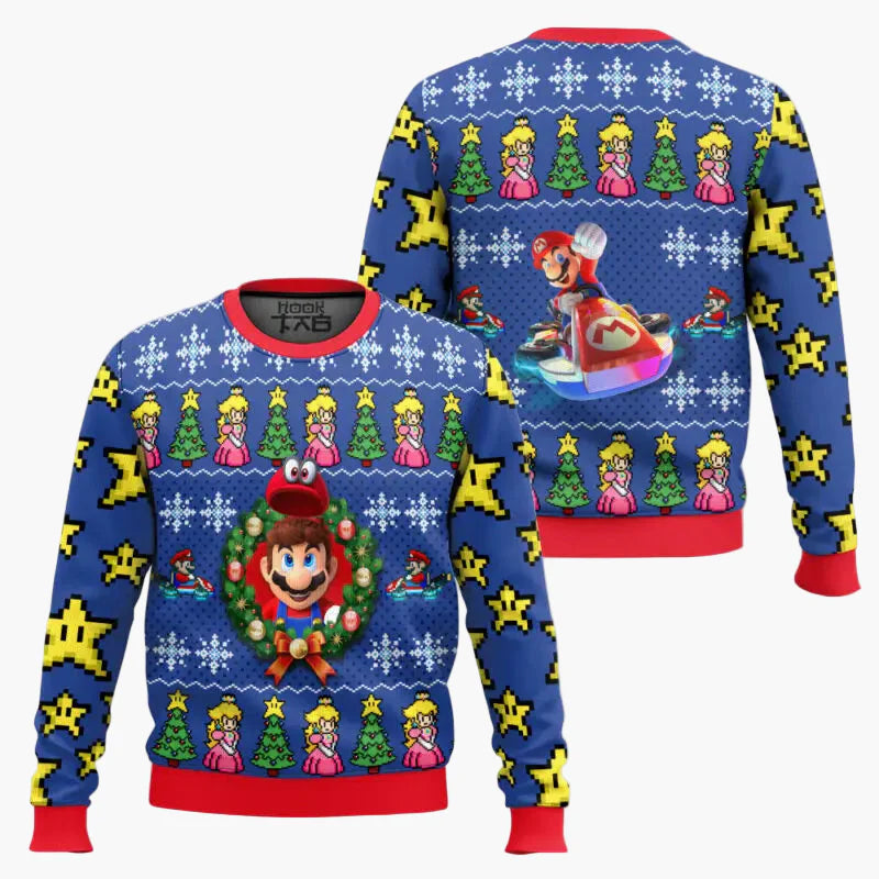 Herren Ugly Christmas Sweater – Retro Gamer Pixel Mario Pullover für Weihnachten & Gaming-Fans