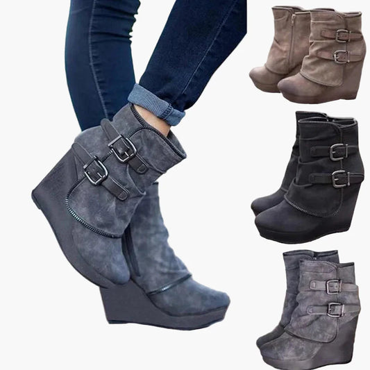 Damen Keilabsatz Stiefeletten mit Schnallen – Modische Freizeit Boots