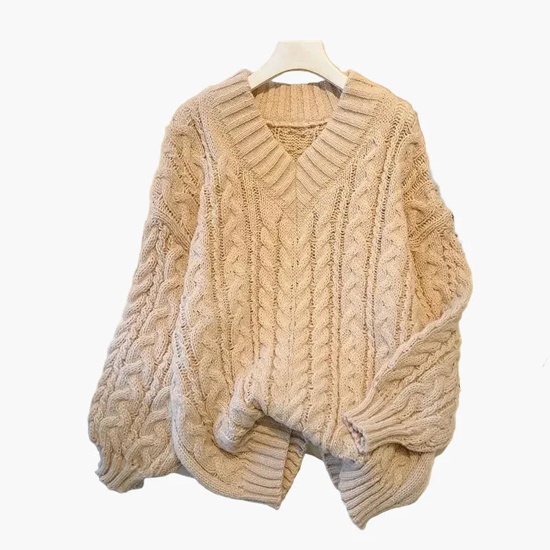 Damen Grobstrick Pullover mit Zopfstrickmuster und V-Ausschnitt – Lässiger Winterpullover für Alltag & Freizeit