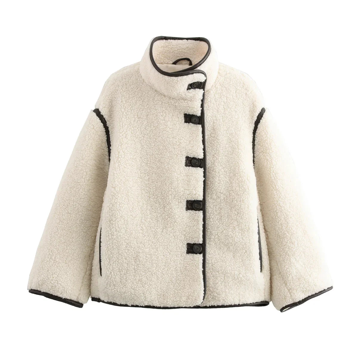 Women's Oversize Teddy Jacket with Contrast Details – Trendy Street Style for Autumn and Winter