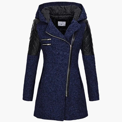 Women's winter coat with hood and asymmetrical zipper – fashionable long transitional coat for autumn & winter