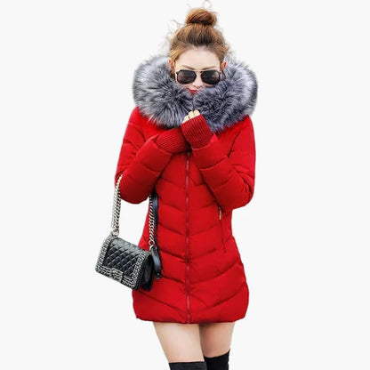 Women's winter quilted coat with hood and faux fur collar – elegant outdoor parka for cold days