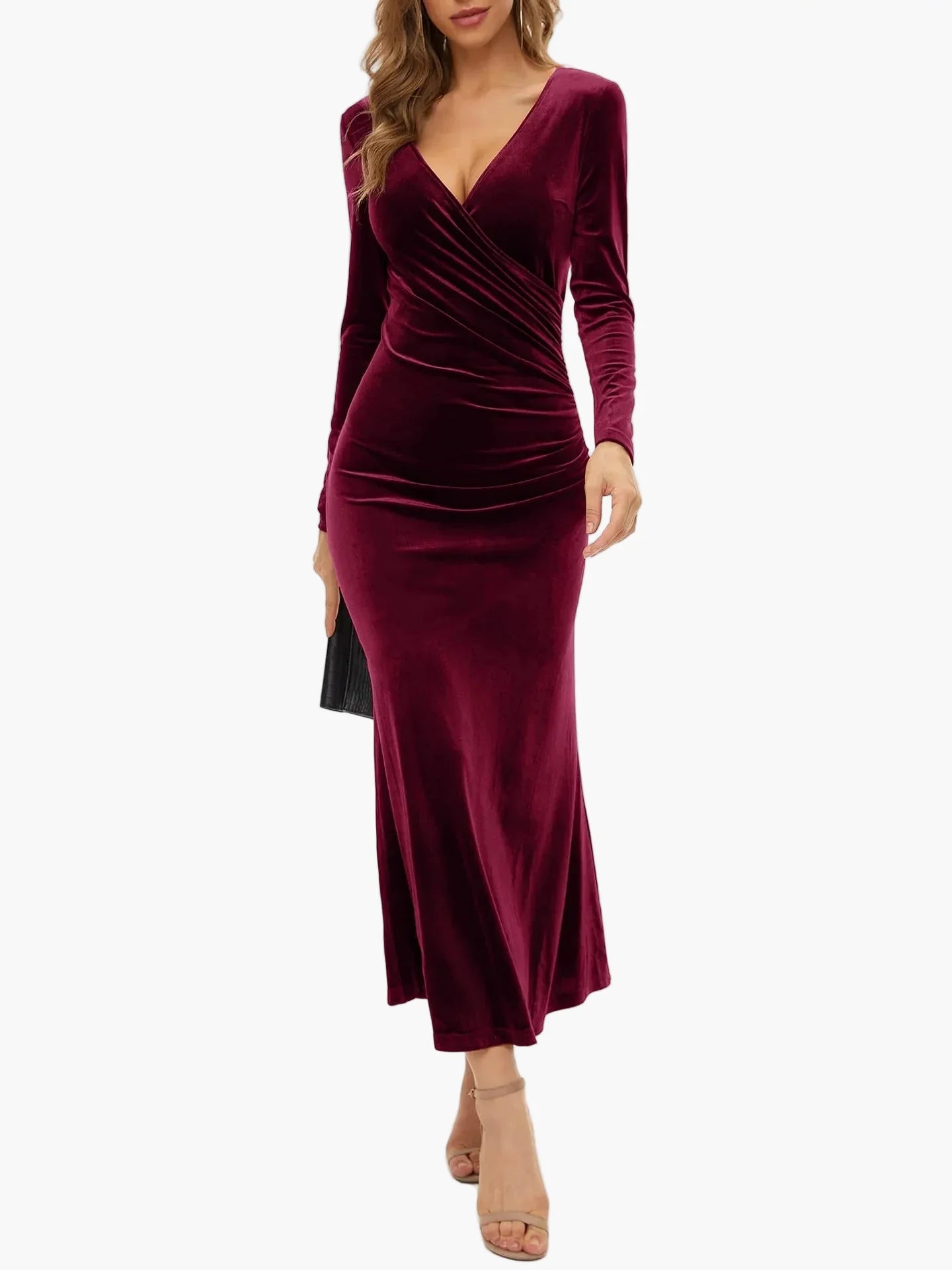 Ladies Elegant Long Sleeve Evening Dress with Wrap Look – Figure-Hugging Maxi Dress for Festive Occasions