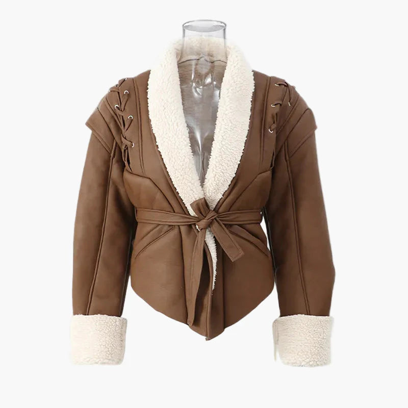 Women's Trendy Short Jacket with Shawl Collar and Belt – Fashionable Transitional Jacket for Everyday and Leisure