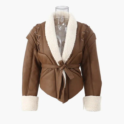 Women's Trendy Short Jacket with Shawl Collar and Belt – Fashionable Transitional Jacket for Everyday and Leisure