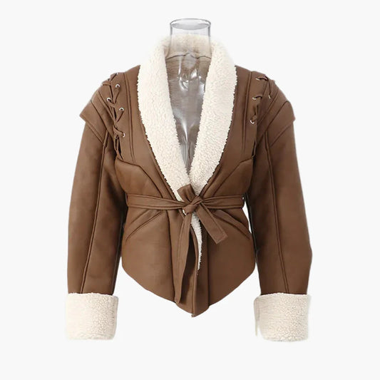Women's Trendy Short Jacket with Shawl Collar and Belt – Fashionable Transitional Jacket for Everyday and Leisure
