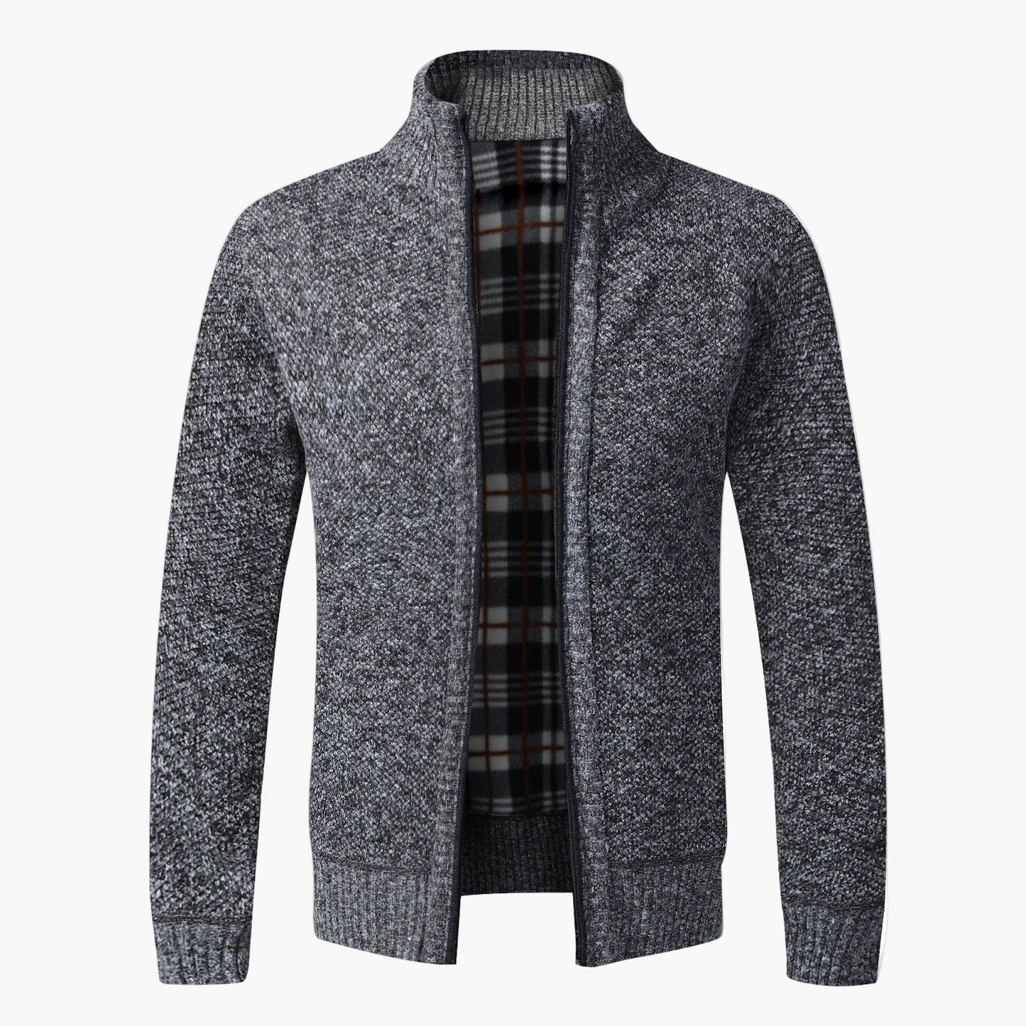 Men's knit cardigan with stand-up collar and checkered lining – fashionable casual jacket
