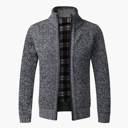 Men's knit cardigan with stand-up collar and checkered lining – fashionable casual jacket