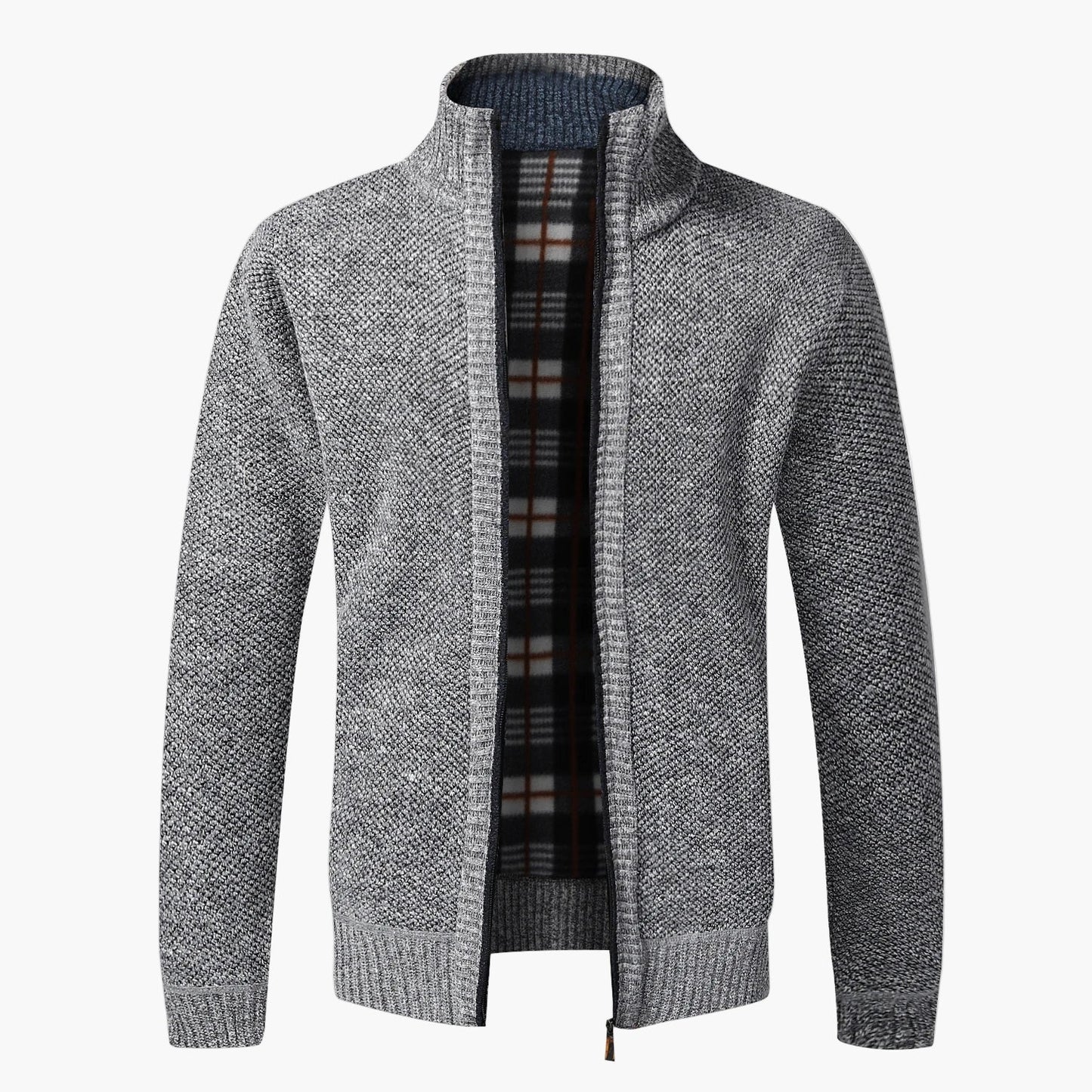 Men's knit cardigan with stand-up collar and checkered lining – fashionable casual jacket