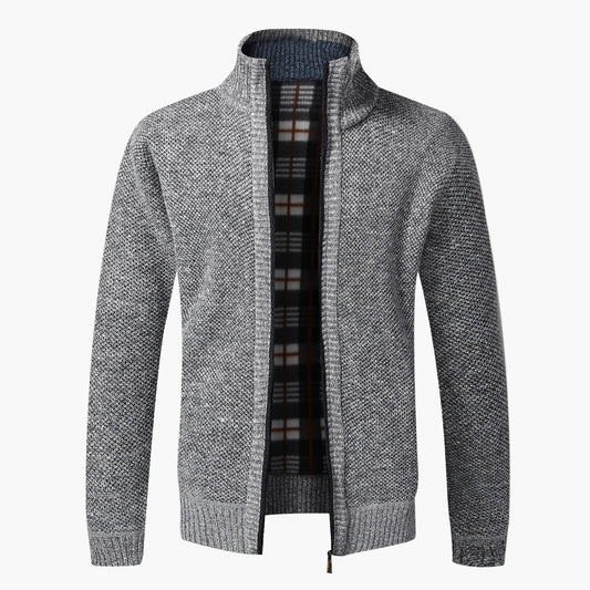 Men's knit cardigan with stand-up collar and checkered lining – fashionable casual jacket
