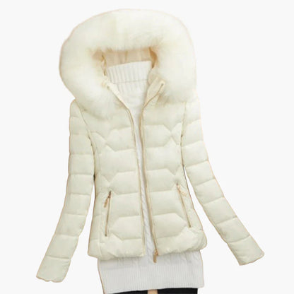 Women's winter quilted jacket with hood and fur collar – elegant outdoor coat